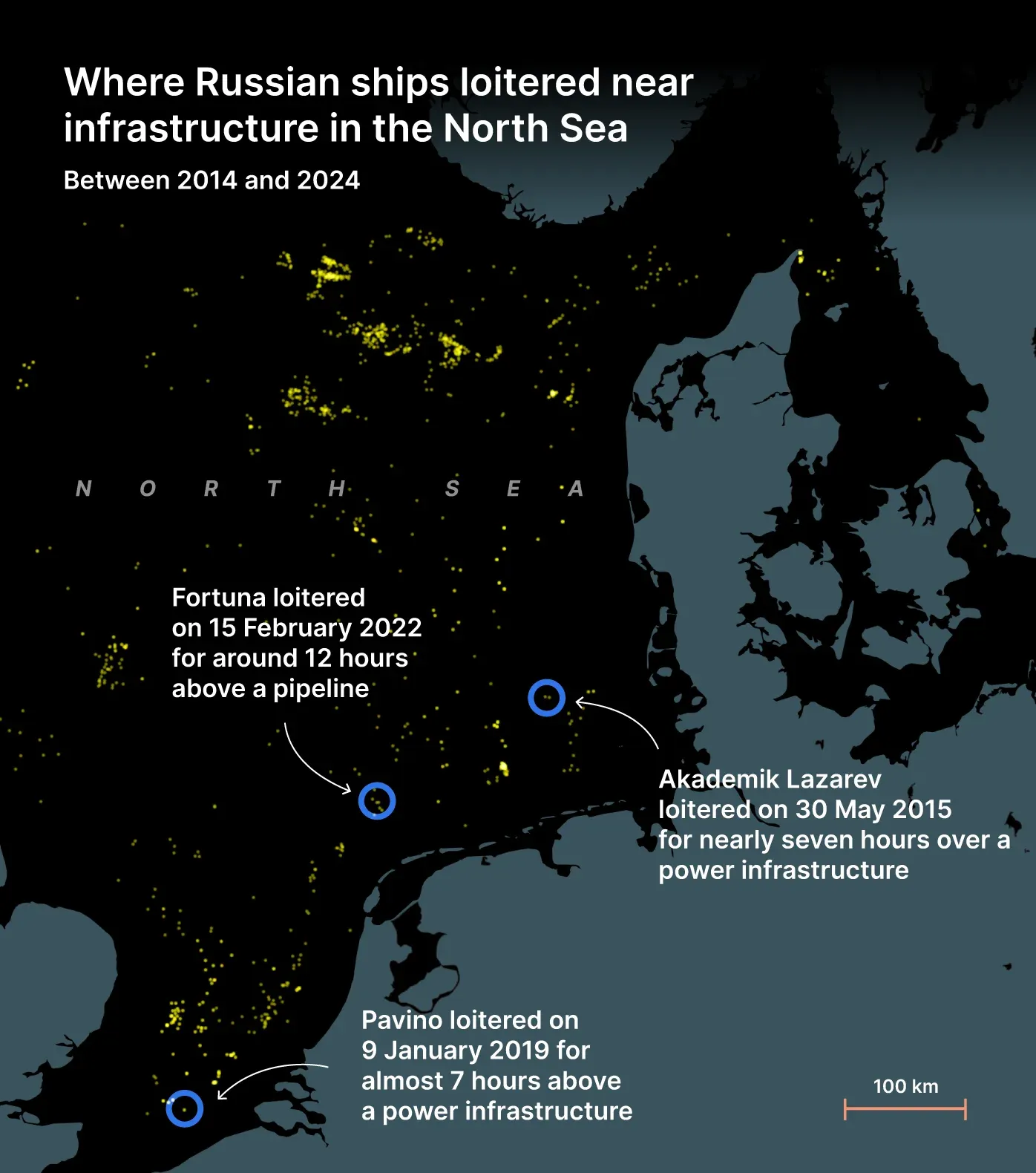 Карта з матеріалу FTM «Almost 200 Russian ships suspected of spying in the North Sea»