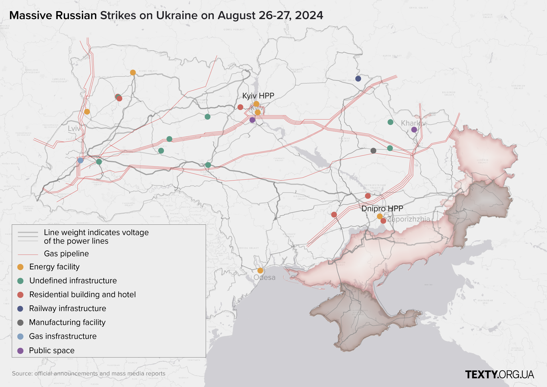 The map on russian attack on Ukraine with drones and missiles from 26 to 27 August