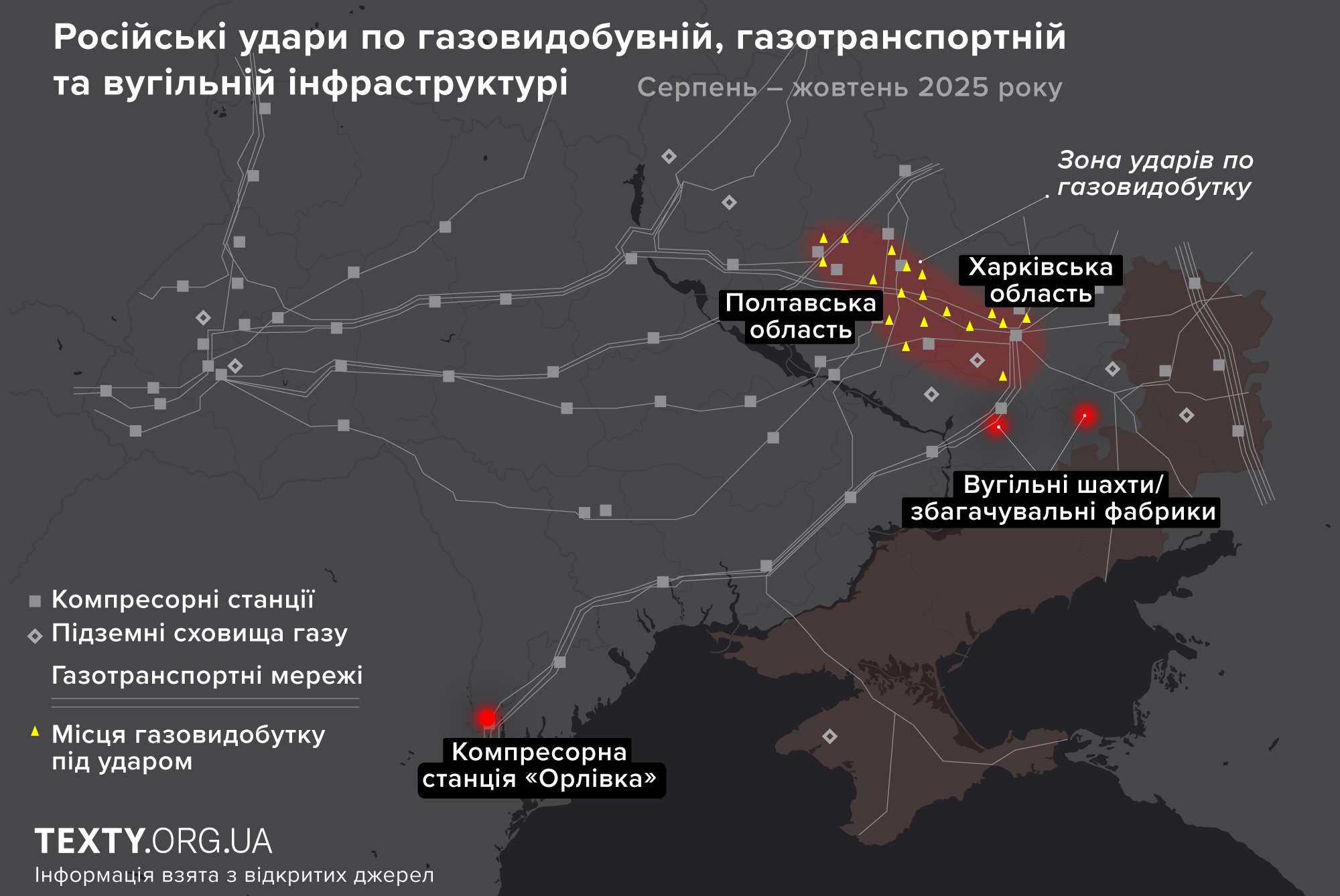 Карта ударів по газовій інфраструктурі за серпень — жовтень 2025 року