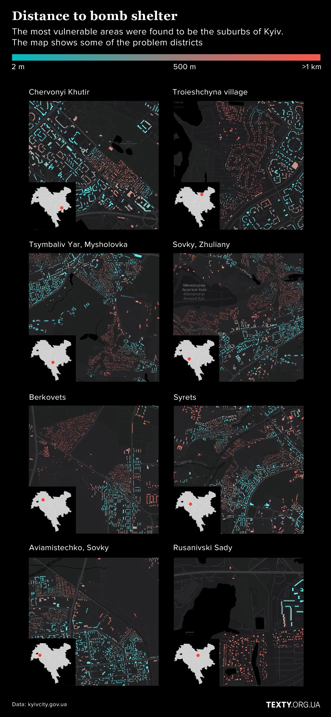 Distance to bomb shelters in Kyiv