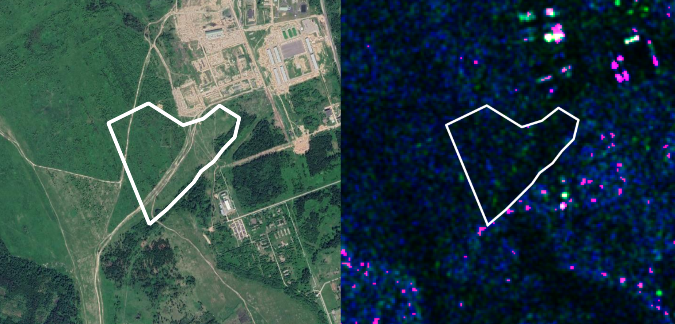 Ліворуч – зображення з Google Satellite тої ж території що вище, праворуч – дані від радарного сенсору Sentinel-1 за минулий період, коли техніки ще не було.