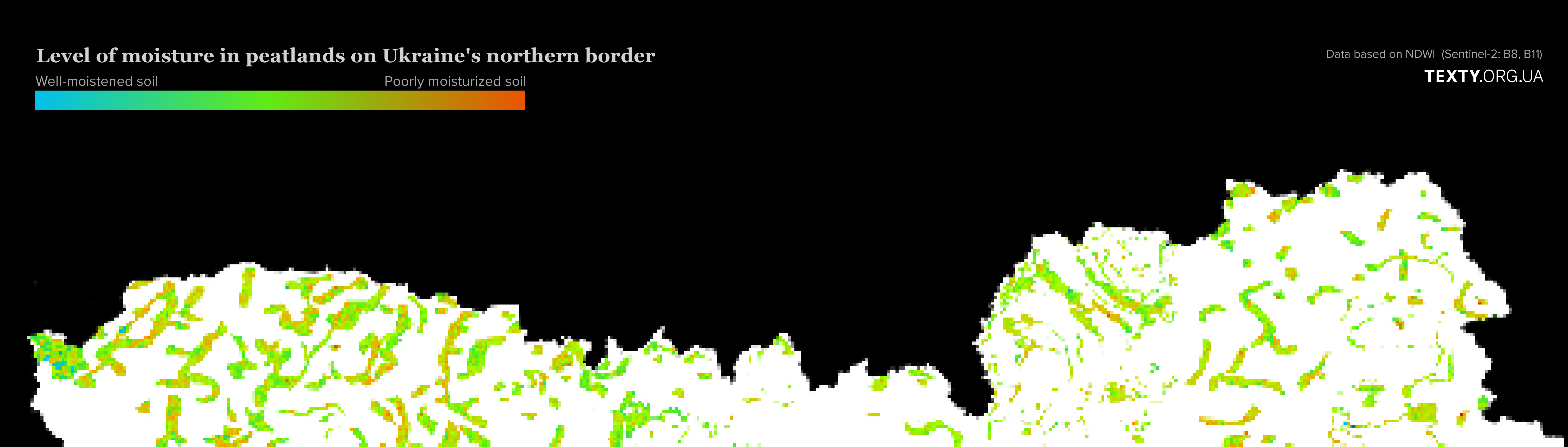 The map illustrates peatlands and their respective moisture levels. It shows that some peat bogs have been drained, resulting in low soil moisture, while others have been preserved with high moisture content.