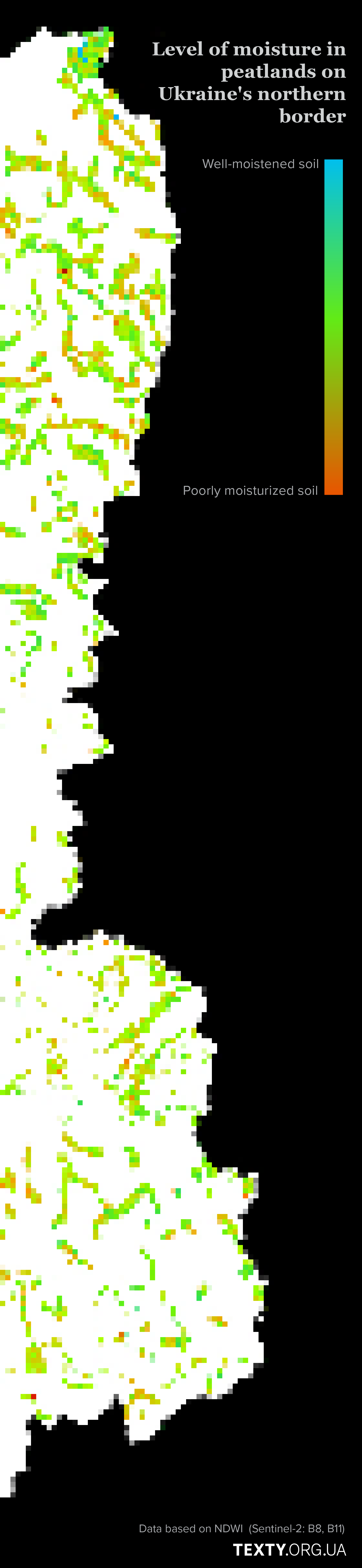 The map illustrates peatlands and their respective moisture levels. It shows that some peat bogs have been drained, resulting in low soil moisture, while others have been preserved with high moisture content.