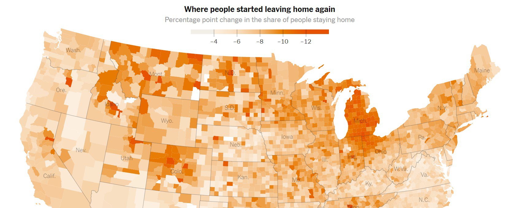 На півночі США, особливо в менш уражених коронавірусом місцях, значно менше людей залишаються вдома, ніж у середньому за останні шість тижнів