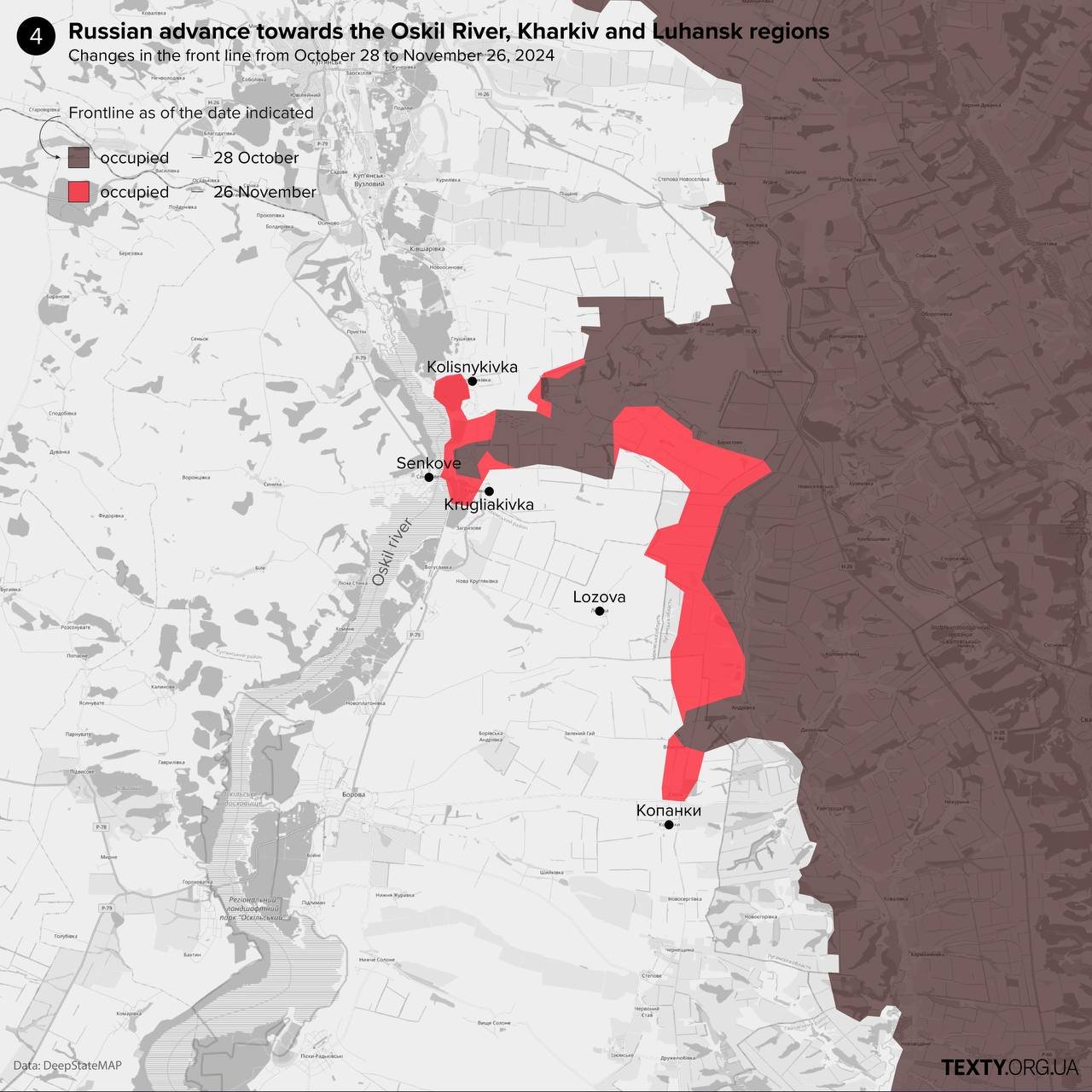 Map of Russian advances toward the Oskil River in the Kharkiv region in November 2024