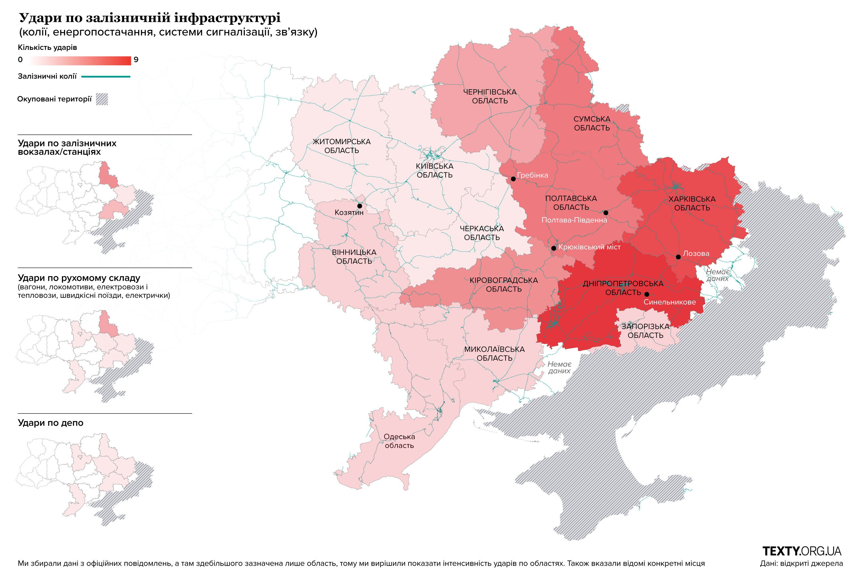 В який областях найбільше ударів по залізниці у серпені - листопаді 2025 року