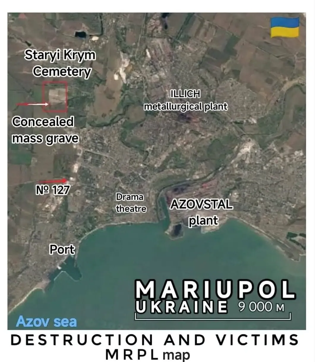 Розташування прихованого поховання у Маріуполі, скриншот Mariupol Destruction and Victims