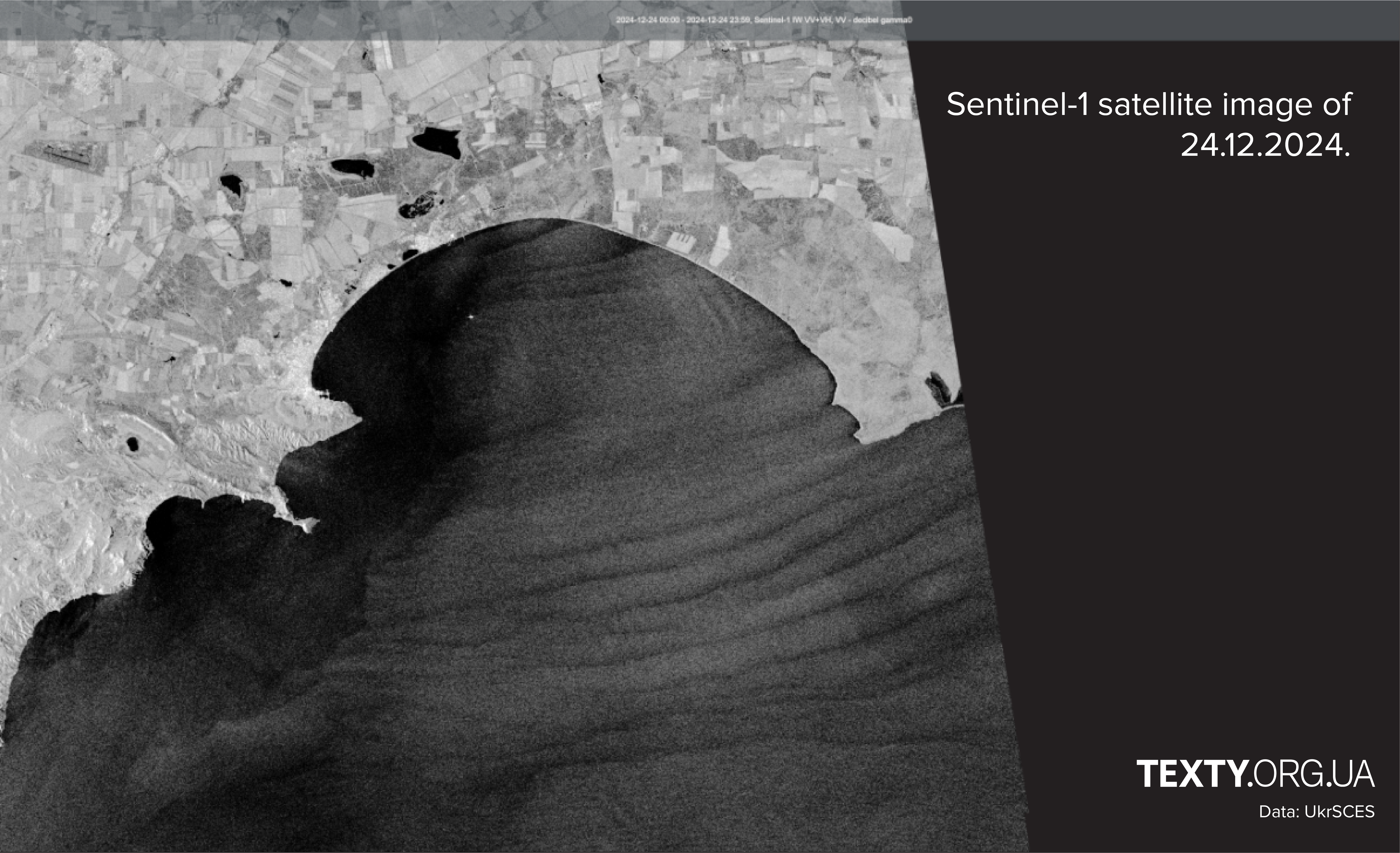  The image displays a Sentinel-1 satellite capture from December 24, 2024. It focuses on a coastal area where distinctive patterns in the water are visible. The grayscale satellite imagery shows:  Coastline Details: The landmass, including fields, vegetation, and some water bodies, is clearly outlined near the shoreline.  Wave-like Patterns in the Water: The sea surface exhibits noticeable parallel, wave-like streaks extending outward from the coast. These patterns could indicate marine or atmospheric processes, though their specific origin is not identified in the image.