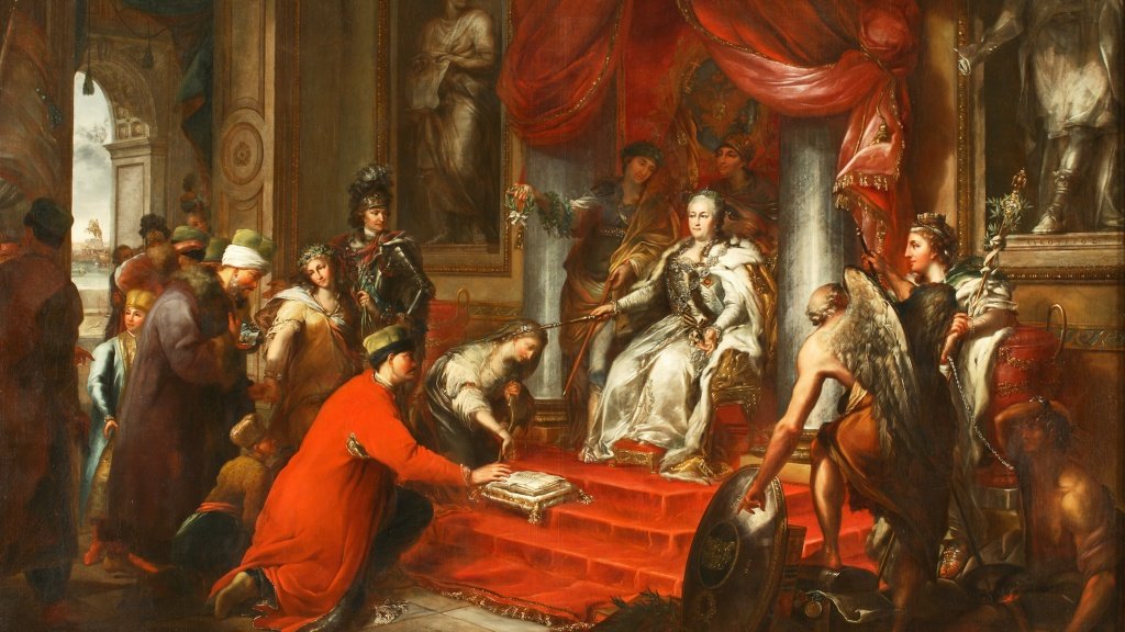 Картина Гюнса Андреаса 1791 року "Катерина ІІ дає закони Тавриді", якою російський музей ілюструє виставку "Новоросія".