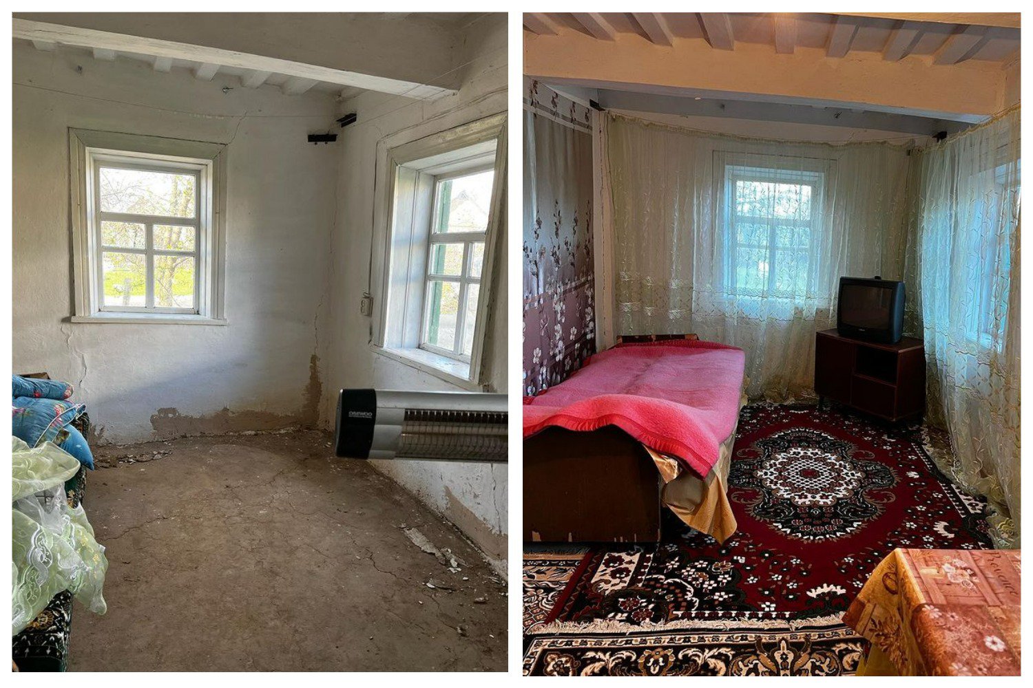 Кімната в порожній сільській хаті до й після облаштування для приїзду переселенців
